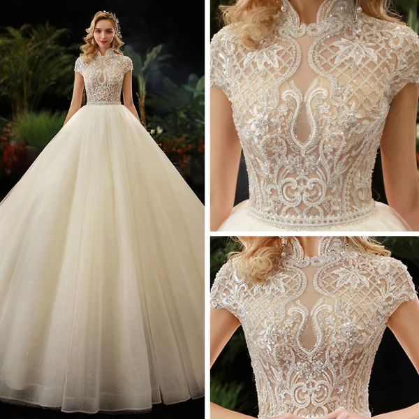 Illusion Champagne See-through Bridal Wedding Dresses 2020 Ball Gown High Neck Short Sleeve Backless Beading Glitter Tulle Cathedral Train