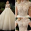 Illusion Champagne See-through Bridal Wedding Dresses 2020 Ball Gown High Neck Short Sleeve Backless Beading Glitter Tulle Cathedral Train