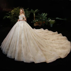 Elegant Champagne Bridal Wedding Dresses 2020 Ball Gown Off The Shoulder Short Sleeve Backless Sequins Beading Cathedral Train Ruffle