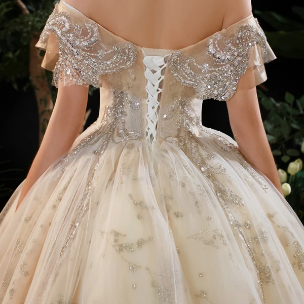 Elegant Champagne Bridal Wedding Dresses 2020 Ball Gown Off-The-Shoulder Short Sleeve Backless Sequins Beading Cathedral Train Ruffle