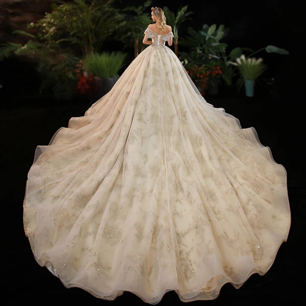 Elegant Champagne Bridal Wedding Dresses 2020 Ball Gown Off-The-Shoulder Short Sleeve Backless Sequins Beading Cathedral Train Ruffle