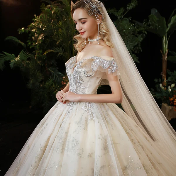Elegant Champagne Bridal Wedding Dresses 2020 Ball Gown Off-The-Shoulder Short Sleeve Backless Sequins Beading Cathedral Train Ruffle