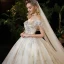 Elegant Champagne Bridal Wedding Dresses 2020 Ball Gown Off-The-Shoulder Short Sleeve Backless Sequins Beading Cathedral Train Ruffle