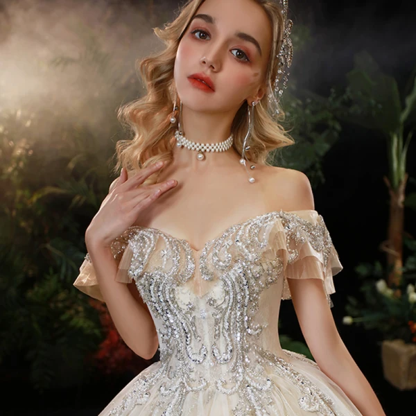 Elegant Champagne Bridal Wedding Dresses 2020 Ball Gown Off-The-Shoulder Short Sleeve Backless Sequins Beading Cathedral Train Ruffle