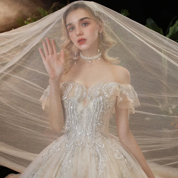 Elegant Champagne Bridal Wedding Dresses 2020 Ball Gown Off-The-Shoulder Short Sleeve Backless Sequins Beading Cathedral Train Ruffle