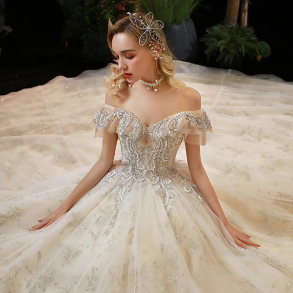 Elegant Champagne Bridal Wedding Dresses 2020 Ball Gown Off-The-Shoulder Short Sleeve Backless Sequins Beading Cathedral Train Ruffle
