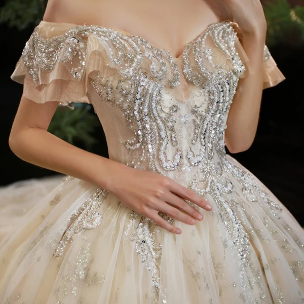 Elegant Champagne Bridal Wedding Dresses 2020 Ball Gown Off-The-Shoulder Short Sleeve Backless Sequins Beading Cathedral Train Ruffle