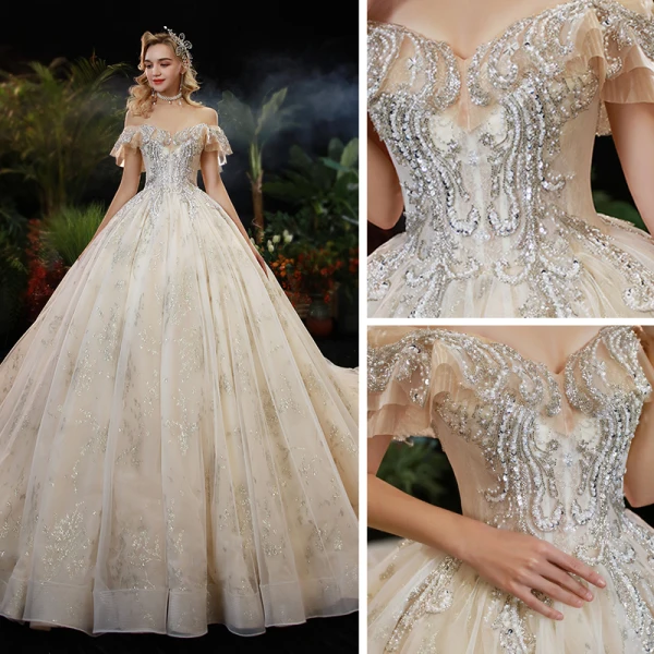 Elegant Champagne Bridal Wedding Dresses 2020 Ball Gown Off-The-Shoulder Short Sleeve Backless Sequins Beading Cathedral Train Ruffle