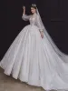 Victorian Style Ivory See-through Bridal Wedding Dresses 2020 Ball Gown High Neck Puffy Long Sleeve Backless Appliques Sequins Beading Cathedral Train Ruffle
