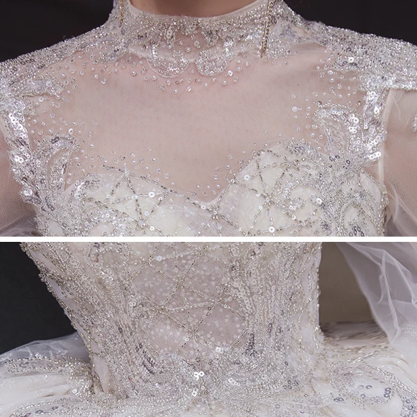 Style Victorien Ivoire Transparentes La Mariée Robe De Mariée 2020 Robe Boule Col Haut Gonflée Manches Longues Dos Nu Appliques Paillettes Perlage Cathedral Train Volants