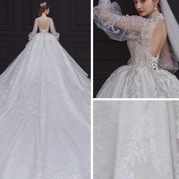 Style Victorien Ivoire Transparentes La Mariée Robe De Mariée 2020 Robe Boule Col Haut Gonflée Manches Longues Dos Nu Appliques Paillettes Perlage Cathedral Train Volants