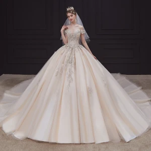 High End Champagne Bridal Wedding Dresses 2020 Ball Gown Off The Shoulder Short Sleeve Backless Appliques Lace Beading Pearl Cathedral Train Ruffle