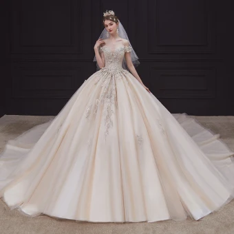 High End Champagne Bruids Trouwjurken 2020 Baljurk Uit De Schouder Korte Mouwen Ruglooze Appliques Kant Kralen Parel Cathedral Train Ruche