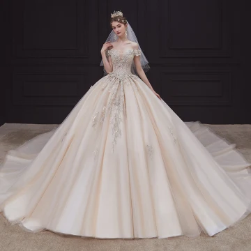 High End Champagne Bridal Wedding Dresses 2020 Ball Gown Off The Shoulder Short Sleeve Backless Appliques Lace Beading Pearl Cathedral Train Ruffle