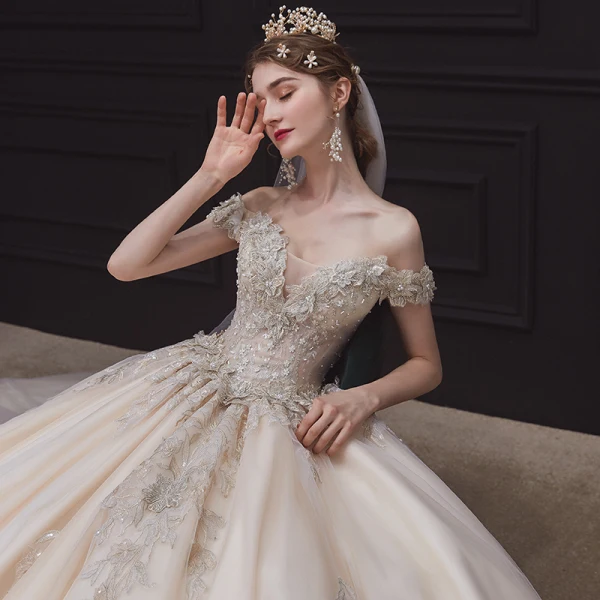 High-end Champagne Bridal Wedding Dresses 2020 Ball Gown Off-The-Shoulder Short Sleeve Backless Appliques Lace Beading Pearl Cathedral Train Ruffle