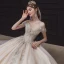 High-end Champagne Bridal Wedding Dresses 2020 Ball Gown Off-The-Shoulder Short Sleeve Backless Appliques Lace Beading Pearl Cathedral Train Ruffle