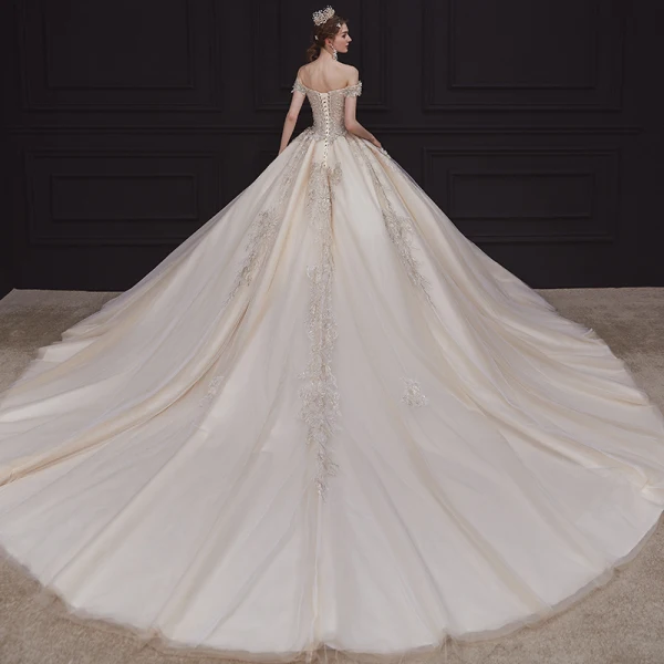 High-end Champagne Bridal Wedding Dresses 2020 Ball Gown Off-The-Shoulder Short Sleeve Backless Appliques Lace Beading Pearl Cathedral Train Ruffle