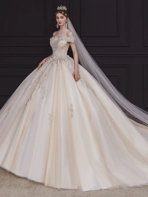 High-end Champagne Bridal Wedding Dresses 2020 Ball Gown Off-The-Shoulder Short Sleeve Backless Appliques Lace Beading Pearl Cathedral Train Ruffle