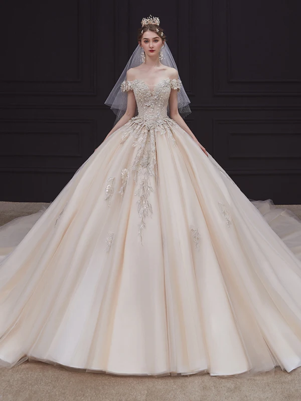 High-end Champagne Bridal Wedding Dresses 2020 Ball Gown Off-The-Shoulder Short Sleeve Backless Appliques Lace Beading Pearl Cathedral Train Ruffle