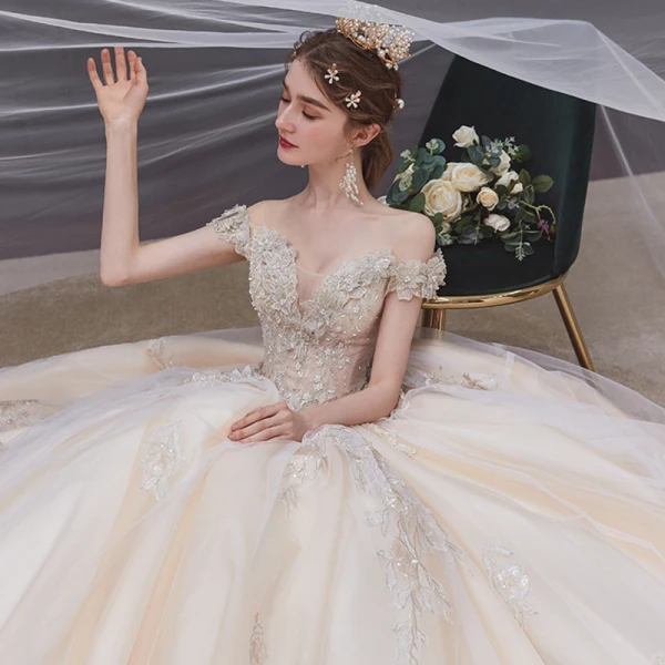 High-end Champagne Bridal Wedding Dresses 2020 Ball Gown Off-The-Shoulder Short Sleeve Backless Appliques Lace Beading Pearl Cathedral Train Ruffle