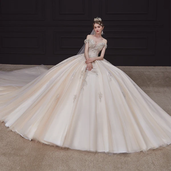 High-end Champagne Bridal Wedding Dresses 2020 Ball Gown Off-The-Shoulder Short Sleeve Backless Appliques Lace Beading Pearl Cathedral Train Ruffle