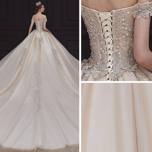 High-end Champagne Bridal Wedding Dresses 2020 Ball Gown Off-The-Shoulder Short Sleeve Backless Appliques Lace Beading Pearl Cathedral Train Ruffle