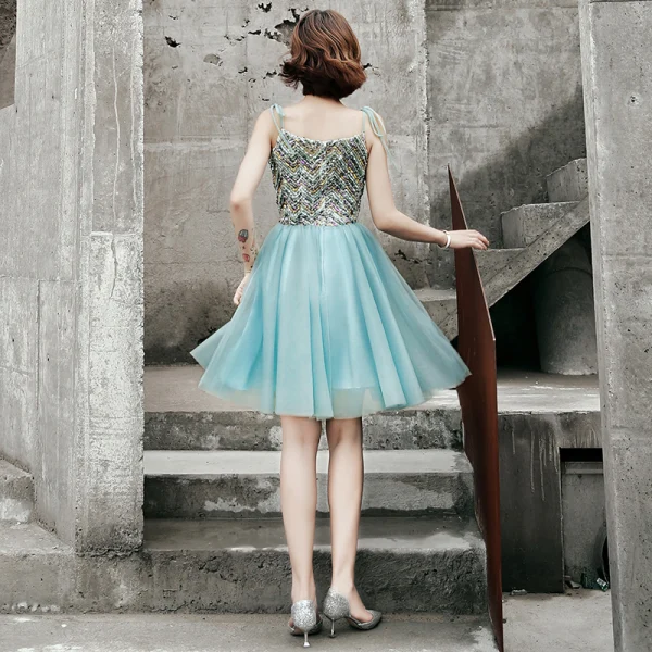Chic / Beautiful Jade Green Homecoming Graduation Dresses 2020 A-Line / Princess Spaghetti Straps Sleeveless Sequins Short Ruffle Backless Formal