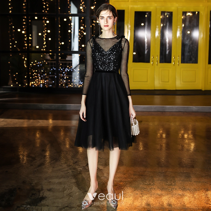 Chic / Beautiful Black Homecoming Graduation Dresses 2020 A-Line / Princess See-through Scoop Neck 3/4 Sleeve Sequins Tea-length Ruffle Little Black Chic / Beautiful Black Homecoming Graduation Dresses 2020 A-Line / Princess See-through Scoop Neck 3/4 Sleeve Sequins Tea-length Ruffle Little Black