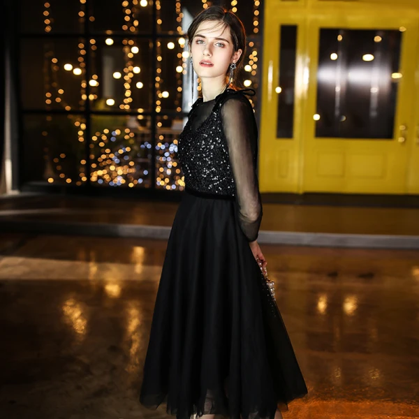 Chic / Beautiful Black Homecoming Graduation Dresses 2020 A-Line / Princess See-through Scoop Neck 3/4 Sleeve Sequins Tea-length Ruffle Little Black Dress