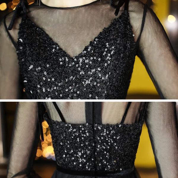 Chic / Beautiful Black Homecoming Graduation Dresses 2020 A-Line / Princess See-through Scoop Neck 3/4 Sleeve Sequins Tea-length Ruffle Little Black Dress