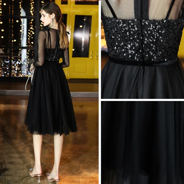 Chic / Beautiful Black Homecoming Graduation Dresses 2020 A-Line / Princess See-through Scoop Neck 3/4 Sleeve Sequins Tea-length Ruffle Little Black Dress