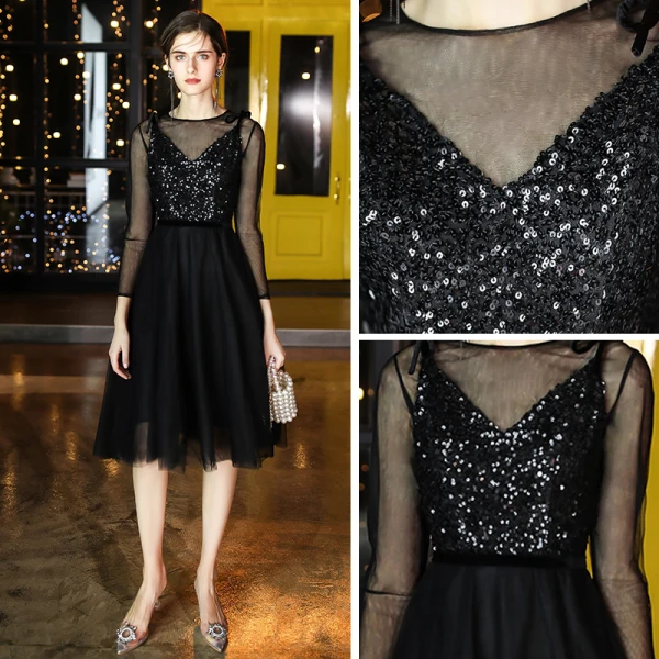 Chic / Beautiful Black Homecoming Graduation Dresses 2020 A-Line / Princess See-through Scoop Neck 3/4 Sleeve Sequins Tea-length Ruffle Little Black Dress