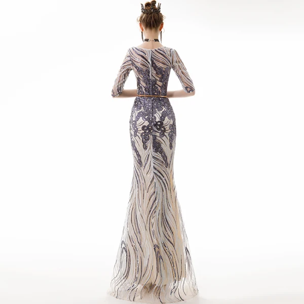 Chic / Beautiful Champagne Evening Dresses 2020 Trumpet / Mermaid See-through Scoop Neck 1/2 Sleeves Sequins Appliques Lace Metal Sash Floor-Length / Long Ruffle Formal Dresses