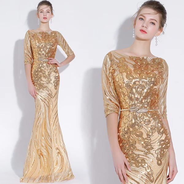 Chic / Beautiful Champagne Evening Dresses 2020 Trumpet / Mermaid See-through Scoop Neck 1/2 Sleeves Sequins Appliques Lace Metal Sash Floor-Length / Long Ruffle Formal Dresses