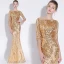Chic / Beautiful Champagne Evening Dresses  2020 Trumpet / Mermaid See-through Scoop Neck 1/2 Sleeves Sequins Appliques Lace Metal Sash Floor-Length / Long Ruffle Formal Dresses