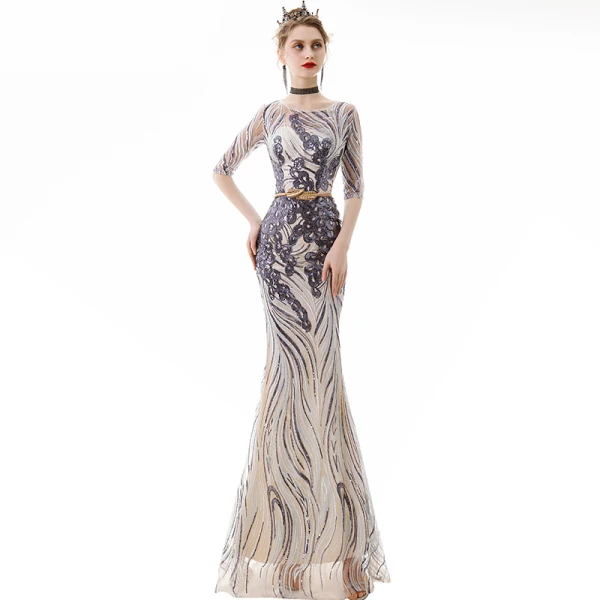 Chic / Beautiful Champagne Evening Dresses 2020 Trumpet / Mermaid See-through Scoop Neck 1/2 Sleeves Sequins Appliques Lace Metal Sash Floor-Length / Long Ruffle Formal Dresses
