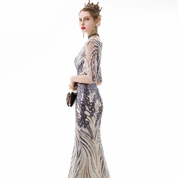 Chic / Beautiful Champagne Evening Dresses 2020 Trumpet / Mermaid See-through Scoop Neck 1/2 Sleeves Sequins Appliques Lace Metal Sash Floor-Length / Long Ruffle Formal Dresses