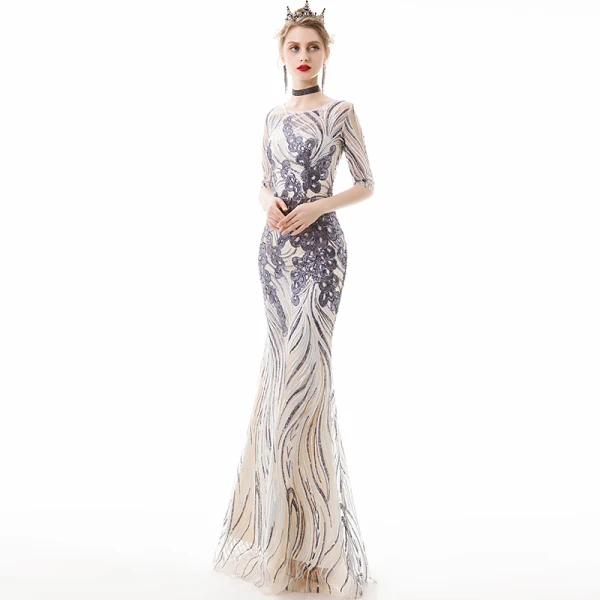 Chic / Beautiful Champagne Evening Dresses 2020 Trumpet / Mermaid See-through Scoop Neck 1/2 Sleeves Sequins Appliques Lace Metal Sash Floor-Length / Long Ruffle Formal Dresses
