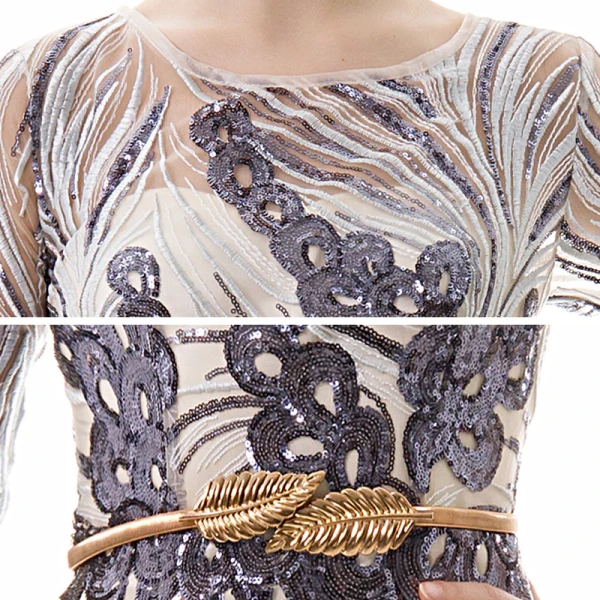 Chic / Beautiful Champagne Evening Dresses 2020 Trumpet / Mermaid See-through Scoop Neck 1/2 Sleeves Sequins Appliques Lace Metal Sash Floor-Length / Long Ruffle Formal Dresses