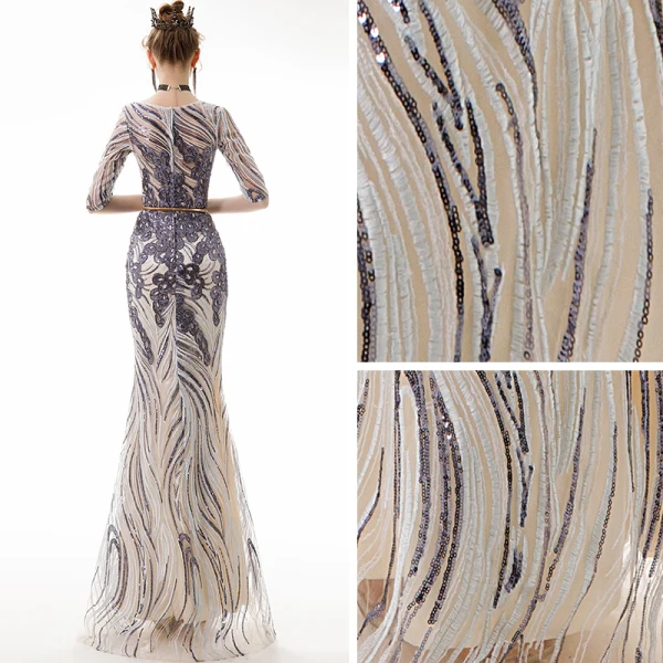Chic / Beautiful Champagne Evening Dresses 2020 Trumpet / Mermaid See-through Scoop Neck 1/2 Sleeves Sequins Appliques Lace Metal Sash Floor-Length / Long Ruffle Formal Dresses