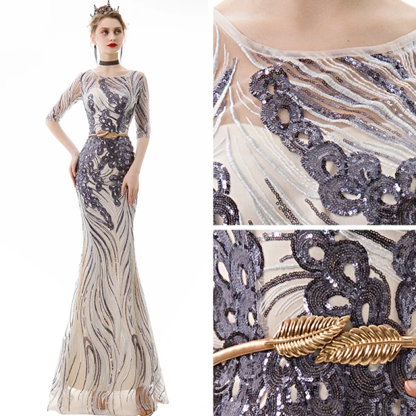 Chic / Beautiful Champagne Evening Dresses 2020 Trumpet / Mermaid See-through Scoop Neck 1/2 Sleeves Sequins Appliques Lace Metal Sash Floor-Length / Long Ruffle Formal Dresses