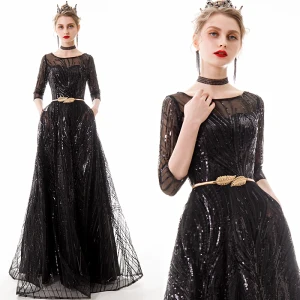 Chic Belle Noire Robe De Soirée 2020 Princesse Transparentes Encolure Carrée 1 2 Manches Paillettes Métal Ceinture Longue Volants Robe De Ceremonie