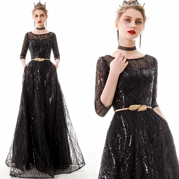 Chic / Beautiful Black Evening Dresses  2020 A-Line / Princess See-through Square Neckline 1/2 Sleeves Sequins Metal Sash Floor-Length / Long Ruffle Formal Dresses
