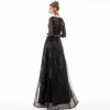 Chic / Beautiful Black Evening Dresses  2020 A-Line / Princess See-through Square Neckline 1/2 Sleeves Sequins Metal Sash Floor-Length / Long Ruffle Formal Dresses
