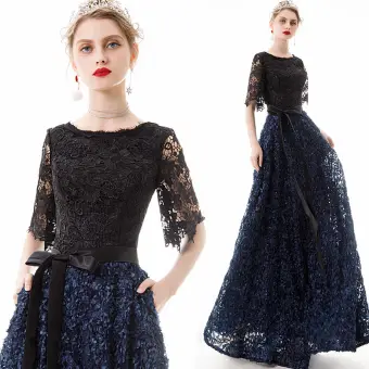 Abordable Bleu Marine Dentelle Robe De Soirée 2020 Princesse Encolure Dégagée 1 2 Manches Appliques Fleur Ceinture Longue Volants Robe De Ceremonie