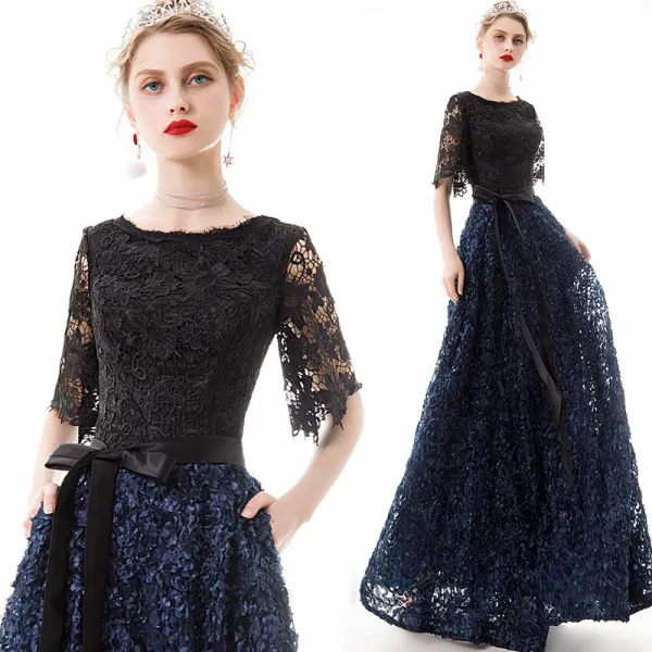 Affordable Navy Blue Lace Evening Dresses  2020 A-Line / Princess Scoop Neck 1/2 Sleeves Appliques Flower Sash Floor-Length / Long Ruffle Formal Dresses