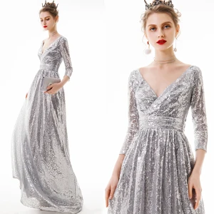 Abordable Argenté Paillettes Robe De Soirée 2020 Princesse V Cou 3 4 Manches Longue Dos Nu Robe De Ceremonie