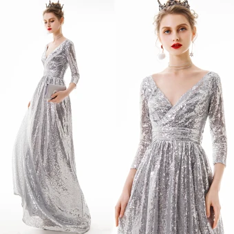 Affordable Silver Sequins Evening Dresses 2020 A Line Princess V Neck 3 4 Sleeve Floor Length Long Backless Formal Dresses