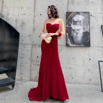 Mode Bordeaux Robe De Soirée 2020 Trompette Sirène Transparentes Encolure Dégagée Gonflée 3 4 Manches Appliques Paillettes Train De Balayage Volants Robe De Ceremonie