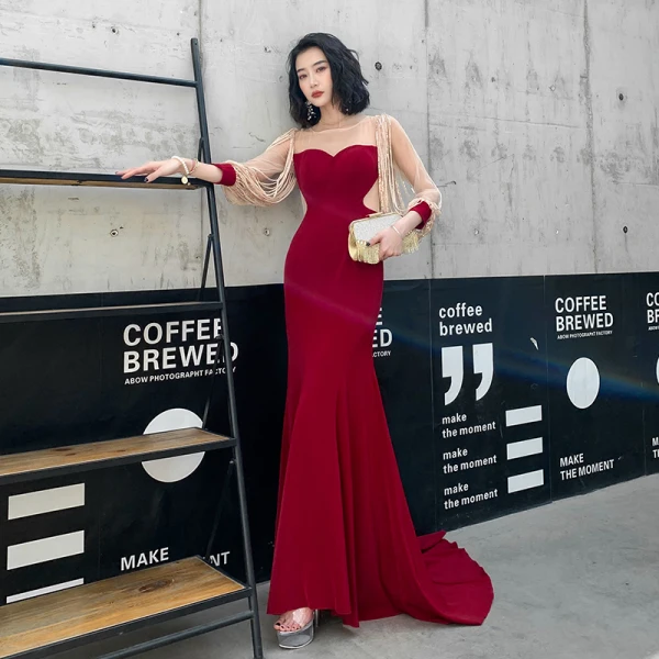 Fashion Burgundy Evening Dresses  2020 Trumpet / Mermaid See-through Scoop Neck Puffy 3/4 Sleeve Appliques Sequins Sweep Train Ruffle Formal Dresses